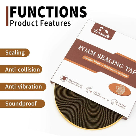 Packaging of self-adhesive thin foam weather stripping tape 1/2 inch wide by 1/16 inch thick, 33 ft long, with sealing functions visible