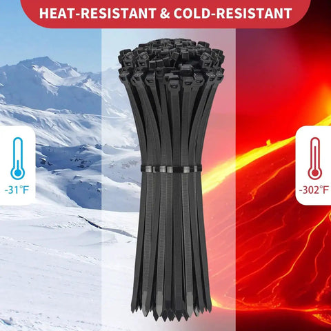 Heavy Duty Zip Ties 500 Pack Black Cable Ties In 8, 12, 14, 18 Inch Sizes, Ultra Strong 220 Lb Tensile Strength, Industrial Plastic Tie Wrap For Indoor Outdoor Cord Management And DIY Projects shown in front of cold and hot background.