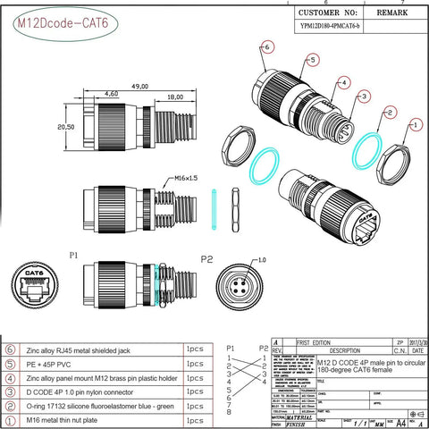 Technical diagram of M12 To RJ45 10Gbps Ethernet Adapter components with dimensions and assembly guide for industrial use.