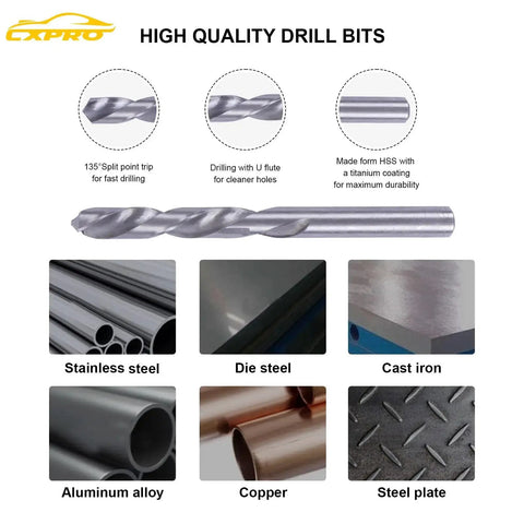 Close-up of drill bits made from HSS with titanium coating, suitable for materials like stainless steel and cast iron.