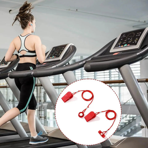 Woman running on treadmill with Two Pack Universal Treadmill Magnetic Safety Keys Red Emergency Stop Clips visible in the inset.