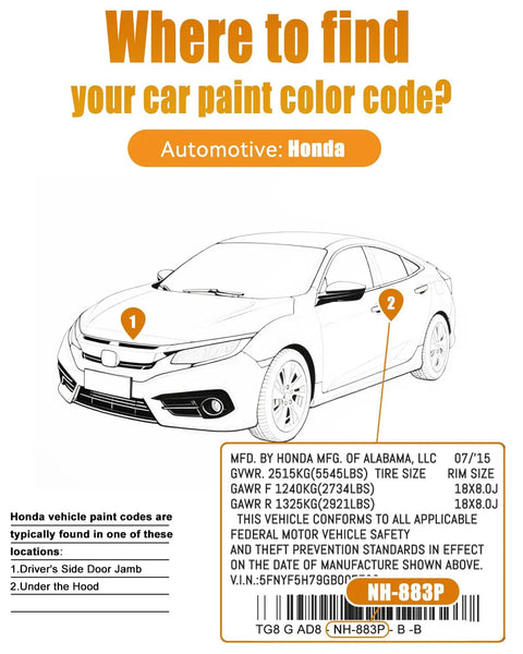 Image showing where to find the car paint color code for Honda vehicles with NH-883P code.