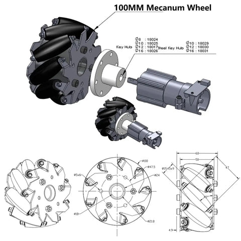 Diagram of 100mm Mecanum Wheel 4WD Metal Car Chassis Kit with omnidirectional wheels and high torque 37 encoder DC motors.