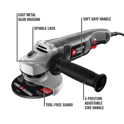 Rugged 4-1/2 Inch 7.5 Amp Angle Grinder With Cast Metal Gear Housing And Soft Grip For Smooth, Controlled Grinding On Any Jobsite Delivers Pro Grade Power With A 3-Position Side Handle From Porter-Cable PC750AG