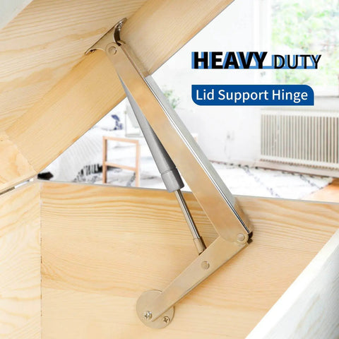Heavy Duty Lid Hinge With Soft Close Gas Strut For 30 To 60 Pound Lids 200N Gas Spring Satin Nickel Finish installed in wooden box
