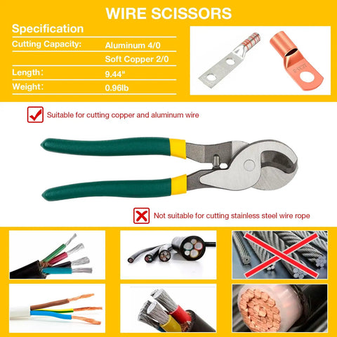 Beefy Heavy Duty Hydraulic Crimping Tool And Cable Cutter For 12 AWG To 2/0 AWG 10 Ton Battery Crimper With 9 Die Set For Cable Lug And Wire Terminal Lug By YUZES, showing front view, suitable for cutting copper and aluminum wire.