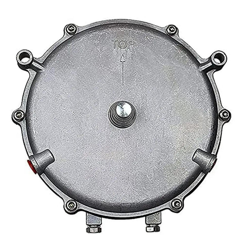 Top view of a Low Pressure Gas Regulator Generator Converter for natural gas and propane, showing the round metal casing and connectors.
