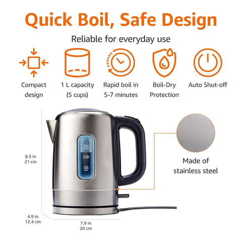 Fast Boil Electric Kettle For Tea And Coffee, Stainless Steel BPA Free, 1 Liter Capacity, 1500W Rapid Heat, features and design.