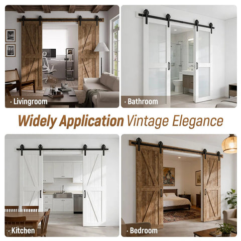 Sliding Barn Door Hardware Kit For Closet Cabinet Track System installed in living room, bathroom, kitchen, and bedroom settings.
