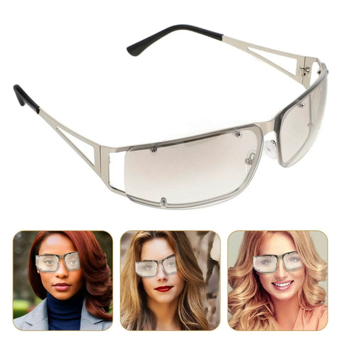 Metal Frame Retro Hollow Sunglasses For Women with silver frame, showcased with various models wearing the stylish shades.