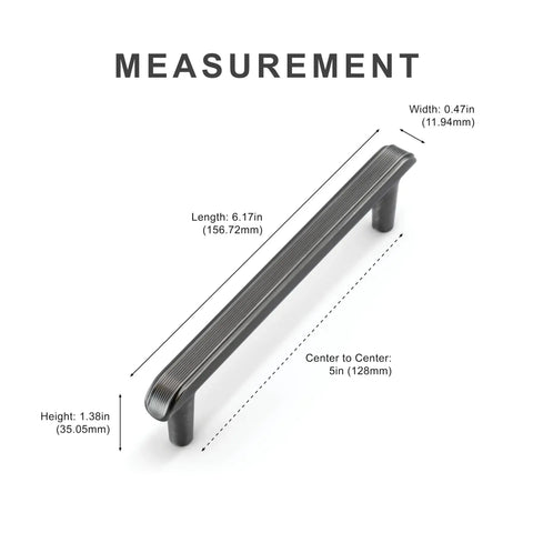 Weathered Nickel Cabinet Pulls, 5 Inch Length, 128mm Screw Spacing, 10 Pack, dimensions labeled for modern hardware.