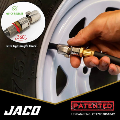 JACO FlowPro tire inflator with 360-degree quick-release brass chuck attached to a tire valve