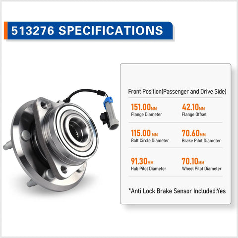 Set Of 2 Front Wheel Hub Bearing Assemblies With ABS For Five Lug SUVs Fits 2007-2009 Chevy Equinox hub close-up with specs