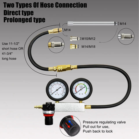 Leak Down Tester Kit For Cars And Small Engines With Dual Gauge Pressure Readout Garage Grade Extension Rods And 3 In 1 Cylinder Diagnostic Tool For Accurate Compression Checks And Leakage Rate Testing Blue showing dual gauge and hoses