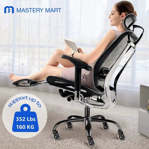 Woman relaxing on ergonomic chair with Heavy Duty Office Chair Base Replacement Bundle With 352 Lb Capacity and swivel base.