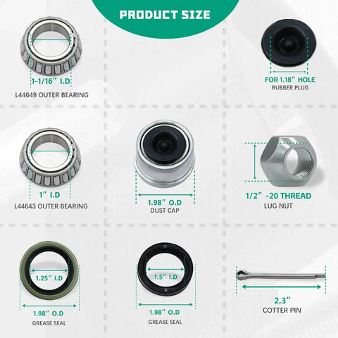 Two Pack Heavy Duty Trailer Hub Bearing Kit 5x4.5 5 Lug Fits 1 In And 1-1/16 In Straight Spindles Not For Tapered Spindles 2000 Lb Capacity Boat Trailer Axle Hub Kit With Two Hubs components including outer bearings, dust cap, and grease seal.