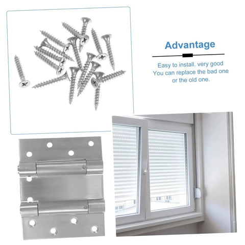 Heavy Duty Double Swing Self Closing Door Hinges for Outdoor Gates and Garage Doors Easy Install High Load Capacity Stainless Steel Spring Loaded Hinges Built to Last for Backyard Security and Weatherproof Outdoor Doors, shown with screws and installed on window