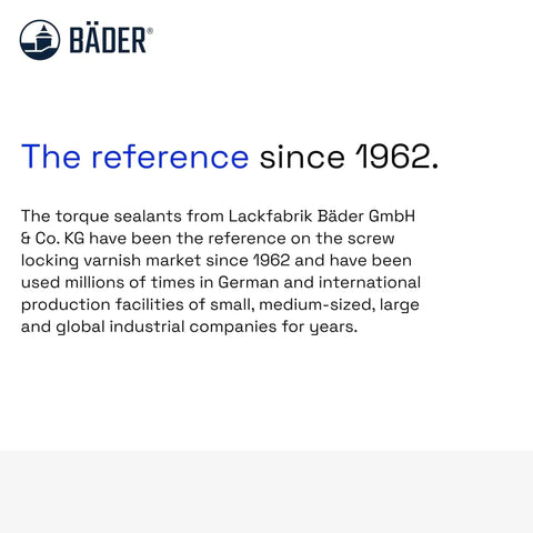Bäder logo with text stating 'The reference since 1962' describing torque sealant use in industrial production facilities.