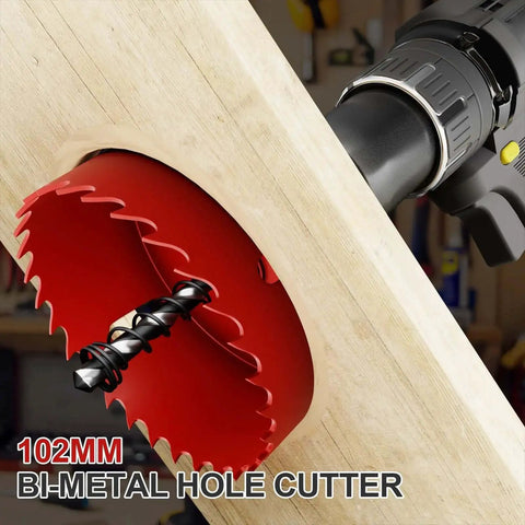4 Inch Bi Metal Hole Saw With Pilot Drill Bit M42 High Speed Steel installed on drill cutting wood