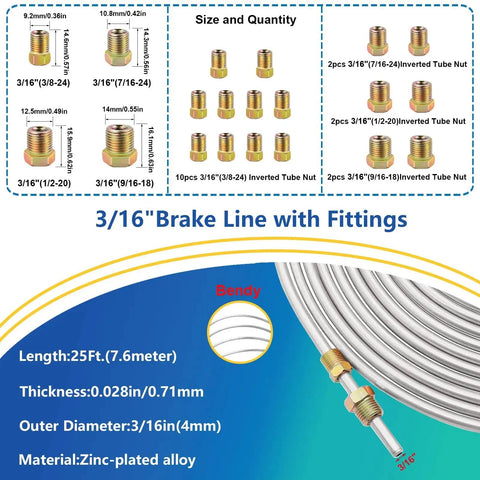 3/16 Inch Brake Line Kit 25 Ft Zinc Plated Fittings, Bender, Flare Tool Cutter shown with coiled lines and fittings.