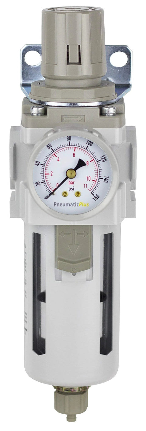 PneumaticPlus SAW400-N04BG air filter regulator piggyback with gauge, 1/2 in NPT, poly bowl, manual drain