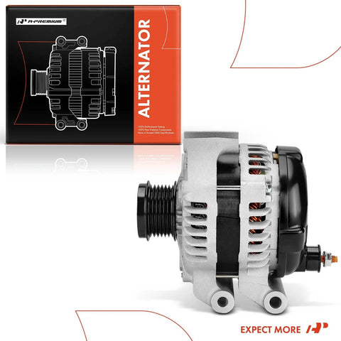Heavy Duty 12V 160A Alternator For Jeep Cherokee KL 3.2L And Chrysler 200 3.6L With 6 Groove Decoupler Pulley Clockwise Rotation Replacement 4210000820 4210000821 Fits 2014 To 2022 Cherokee And 2015 To 2017 200, side view showing pulley and housing.