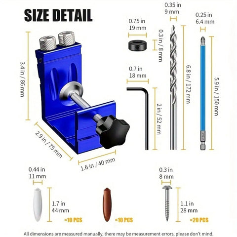 Size detail of 45Pcs Pocket Hole Jig Set With Adjustable Punch Locator And 15 Degree Angle Drill Guide Kit For Precise Woodworking And DIY Joinery Tools Heavy Duty Pro Grade Easy To Use Durable Metal Construction For Carpentry Projects Black.
