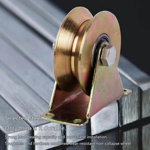 Side view of Beefed Up V Wheel Sliding Gate Track Roller With Bracket For Heavy Duty Barn Doors And Gates, on steel track.