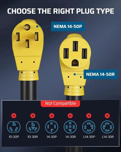 Heavy Duty 50 Amp RV Extension Cord 10 Feet NEMA 14 50P To 14 50R Copper Wire plug ends, suitable plug types shown