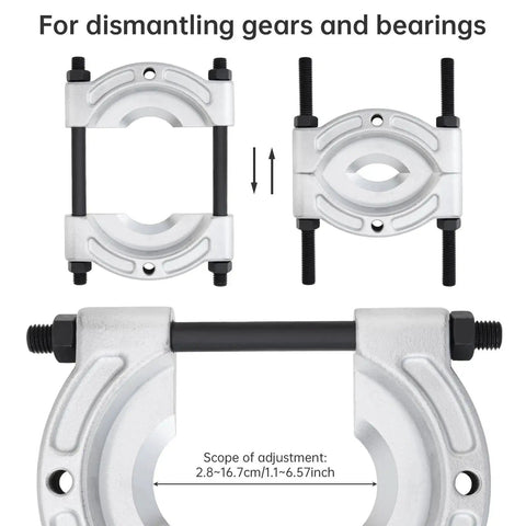 Heavy Duty Bearing Puller And Gear Pinion Splitter shown for dismantling gears and bearings with jaw spread specifications.