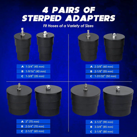 Turbo System Leakage Tester Kit 10-piece set with stepped adapters for turbocharger boost lines, various sizes shown.
