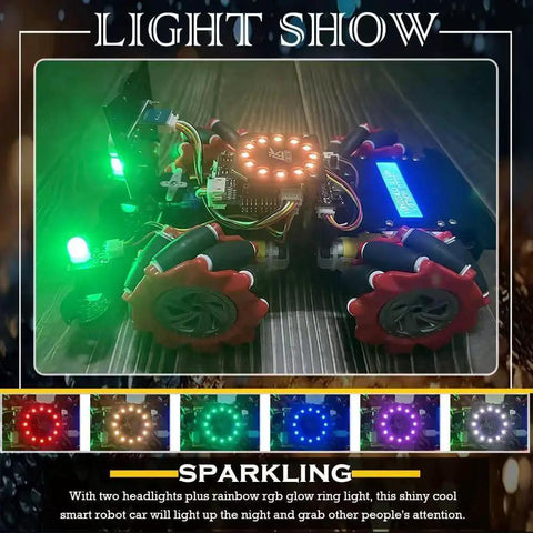4WD Smart Car Robot Kit With Mecanum Wheels for Arduino featuring colorful LED lights in dark environment