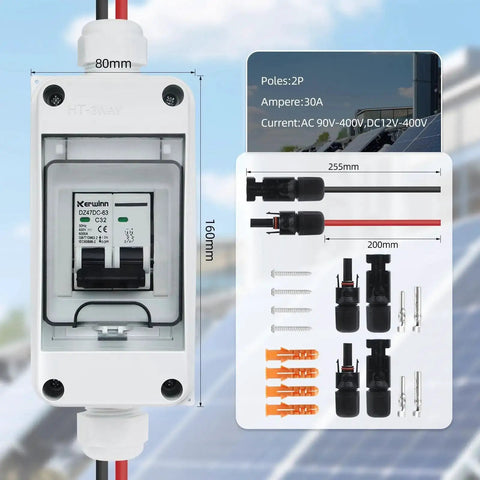 Front view of Solar Panel Disconnect Switch 30A 400V Mini Circuit Breaker Box IP65 Waterproof Dustproof, with dimensions and connectors.