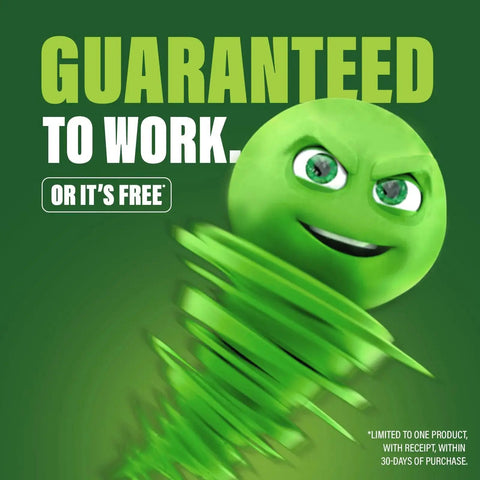 Animated green character with text 'GUARANTEED TO WORK OR IT'S FREE' promoting Drain Clog Dissolver Powerful Liquid Opener For Pipes And Septic 2 Pack.
