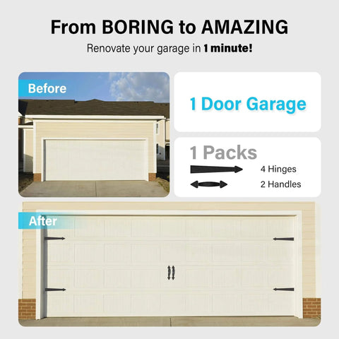Before and after image of a garage door using Magnetic Decorative Garage Door Hardware Kit; shows transformation with faux hinges and handles.