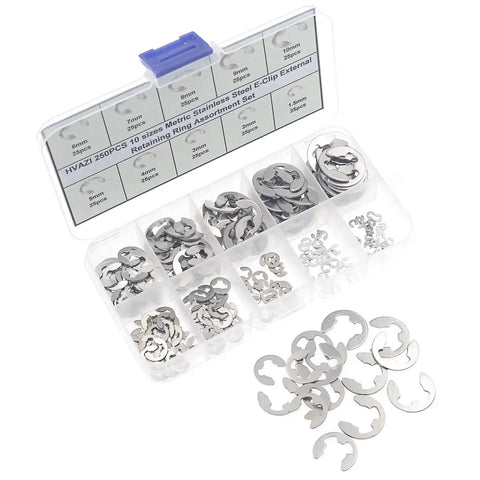 250 Piece Stainless Steel E Clip External Retaining Ring Assortment Kit Ten Metric Sizes From 1.5mm To 10mm With 25 Pieces Each Size