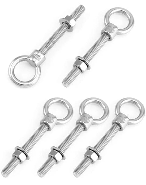 316 Stainless Steel Shoulder Eye Bolt Set Half Inch By Four Inch Marine Grade Eyebolts With Nuts, 5 Pack