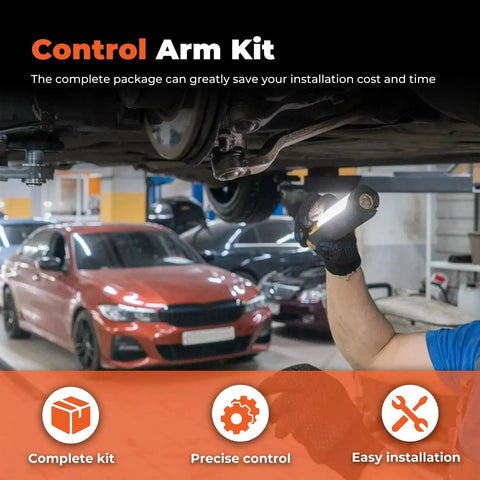 Labwork 10pc front suspension kit installation under Hyundai Santa Fe (2007–2012); mechanic uses work light.
