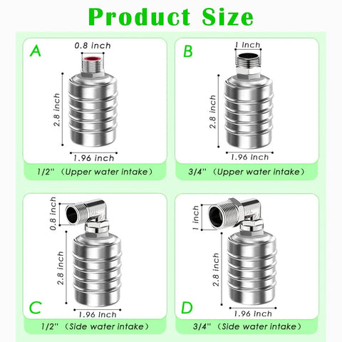 Auto Water Level Control Float Valve In 304 Stainless Steel No Pump Needed For Tanks Ponds Livestock Troughs Hydroponics And Pools Top Or Side Entry High Pressure Fits Half Inch And Three Quarter Inch Lines, showing different sizes and orientations.