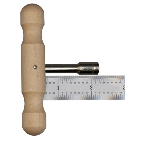 Top view of an Ergonomic T-Shaped Tuning Wrench for Autoharp Zither and Hammered Dulcimer with beech handle, nickel-plated shaft, next to ruler.