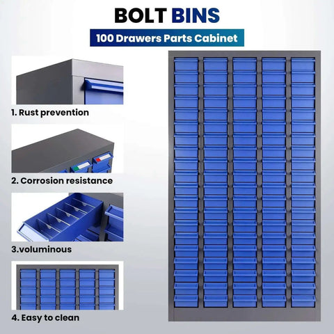 Heavy-Duty Alloy Steel Tool Storage Cabinet With 100 Drawers And Dividers, Nut And Bolt Organizer, Blue, shown with close-up details.