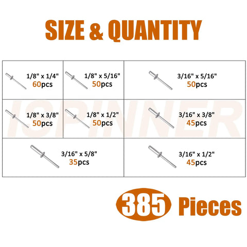 Size and quantity chart for Aluminum Blind Rivets Kit With 385 Pieces In 8 Sizes For Quick Durable Repairs And Heavy Duty Projects Ideal For Home, Auto, Marine, And Workshop Use Silver Finish Pop Rivets Set ISPINNER