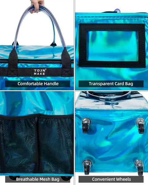 Close-up of Glitter Blue Rolling Grocery Tote with wheels, showing handles, transparent card bag, mesh pockets, and swivel wheels.