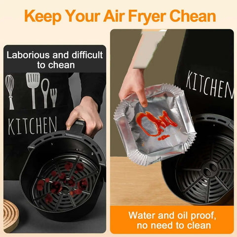 Heavy Duty Aluminum Foil Air Fryer Liners Pack Of 100 Pcs, 6.3 Inch Square, showing clean air fryer with used liner