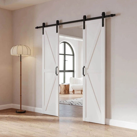 Double Barn Doors 36X84 With 6.6ft Hardware Kit Built Tough Pre Finished Surface Pre Drilled Holes For Easy Assembly Solid MDF Core Wrapped In Water Resistant PVC K Frame White Finish installed in living room.