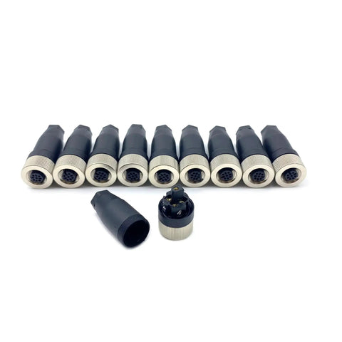 Row of 5 Pin A Code M12 Female Circular Connectors IP67 Waterproof for PG7 Cable with one connector spotlighted