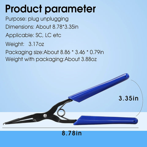 Optical fiber pliers with blue handles, long-nose flange clamp for SC/LC connectors.
