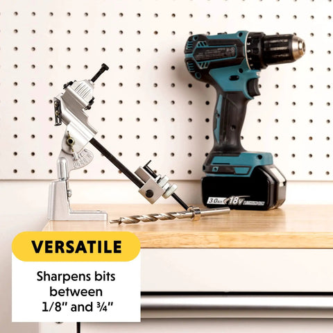 Drill Bit Sharpening Attachment No 825 for Drills, Precision Drill Grinding Tool With Pivoting Neck And Adjustable Angles, Extends Drill Bit Life, Compatible With ANSI OSHA UL Standards, shown with drill and sharpened bit on workbench.
