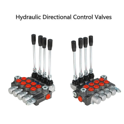 Front view of two four spool hydraulic control valves with 11 GPM flow, 3600 PSI max, BSPP interface, in cast iron.