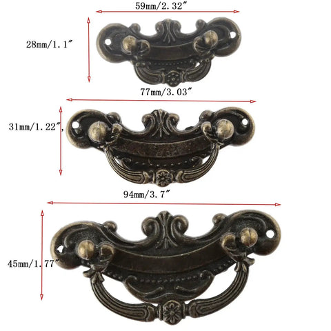 Three sizes of antique bronze drawer pull handles with measurements, showcasing vintage design and zinc alloy material for cabinets and jewelry boxes.